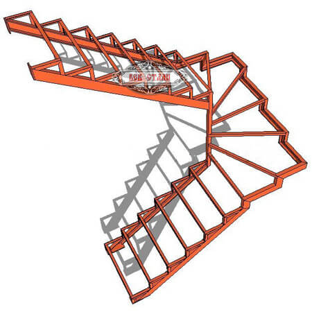 изготовление П-образной лестницы с забежными ступенями и поворотом